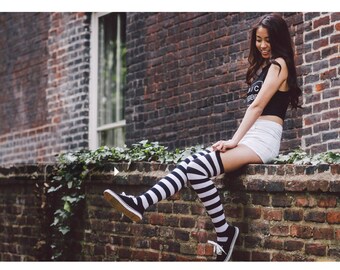 White Striped Thigh High Socks - Etsy 