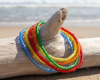 Rainbow Beaded Stretch Bracelet Set – Colorful Stackable Bangles - Set of 6