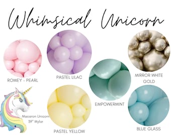 Pode incluir: Um kit de arco de balões de unicórnio caprichoso com uma variedade de cores pastel, incluindo pérola, lilás, amarelo, menta e azul. O kit inclui um balão de unicórnio de mylar de 39 polegadas.