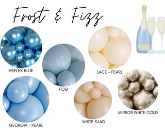 May include: A collection of balloons in various shades of blue, white, and gold. The balloons are arranged in groups and labeled with names like "Reflex Blue", "Fog", "Lace - Pearl", "Mirror White Gold", "White Sand", and "Georgia - Pearl".
