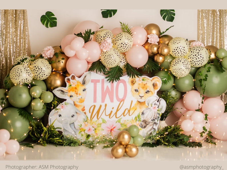 May include: A pink and green balloon arch with a sign that says "Two Wild" in pink letters. The arch is decorated with animal illustrations, including a giraffe, lion, and zebra.