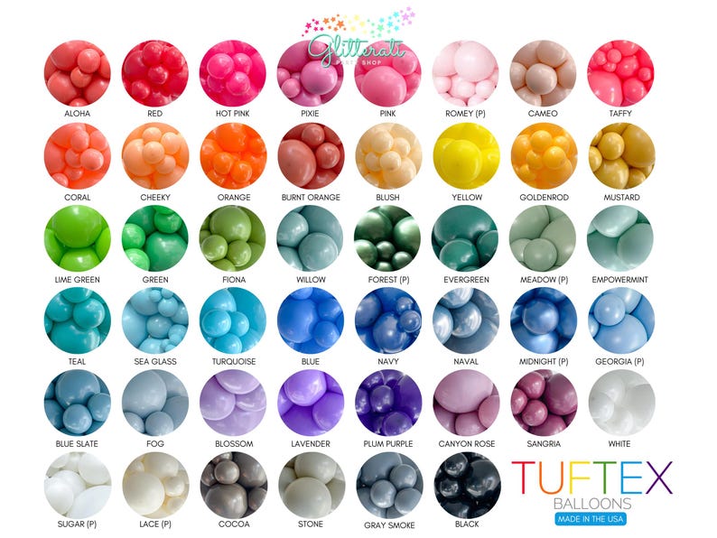 Op de afbeelding: Een kaart met 48 verschillende kleuren ballonnen, elke kleur is gelabeld met een naam. De ballonnen zijn gerangschikt in rijen van 8. De kaart is getiteld "TUFTEX BALLOONS MADE IN THE USA".