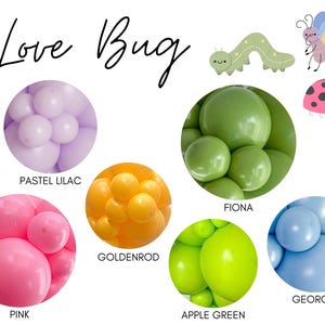 May include: An image with the text "Love Bug" in a script font. The image features several clusters of balloons in various colors: pastel lilac, goldenrod, pink, fiona green, apple green, and georgia blue. There are also cartoon illustrations of a caterpillar, butterfly, and ladybug.