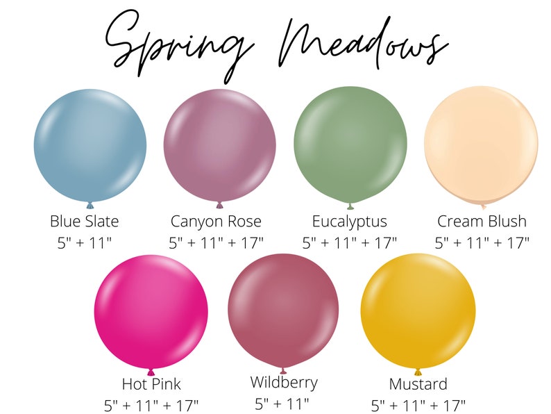 May include: Assortment of balloons in various colors, including blue slate, canyon rose, eucalyptus, cream blush, hot pink, wildberry, and mustard. The balloons are available in three sizes: 5 inches, 11 inches, and 17 inches.