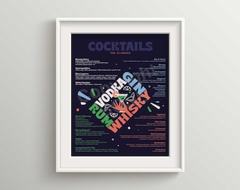 Classic Cocktails Recipe Guide | Retro Drinks Wall Art | Kitchen & Bar Decor | Unframed