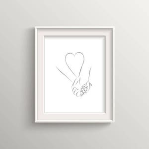 Minimalist Couple Holding Hands and Heart Love Wall Art – Black and White Line Art – Gallery Quality Giclée Print | UNFRAMED