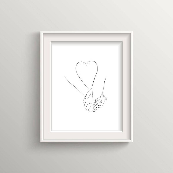 Minimalist Couple Holding Hands and Heart Love Wall Art – Black and White Line Art – Gallery Quality Giclée Print | UNFRAMED