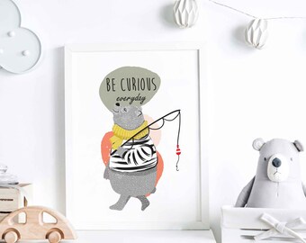 Cute Bear Fishing Art Print | Scandinavian Nursery Wall Art | UNFRAMED