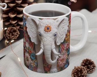 3D White Elephant Flowers Coffee Mug, 3D Elephant Mug, 3D White Flowers Mug, Floral Mug, 11oz Coffee Mug