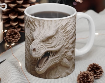 Taza con imagen 3D de dragón blanco, taza con dragón 3D, taza de café 3D de 11 oz con diseño floral