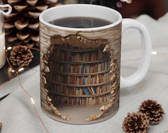 3D Image Bookshelf Coffee Mug, 11oz Mug, Book Lover Mug Coffee Mug, 3