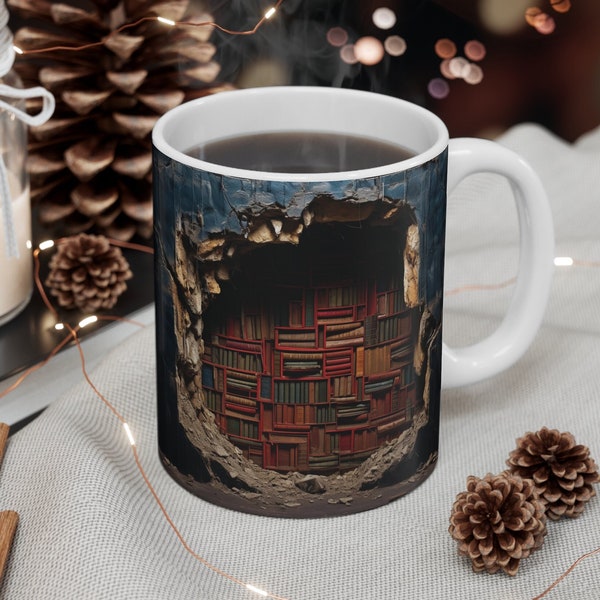 3D Bookshelf Coffee Mug, 11oz Mug, Book Lover Mug Coffee Mug