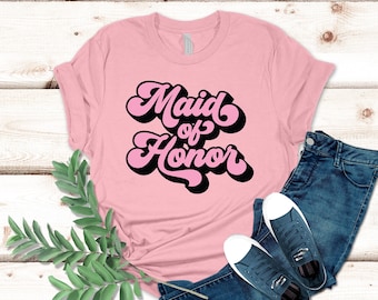 Retro Maid of Honor Shirt, Bridesmaid Shirt, Bachelorette Party Shirt, Matching Bridal Party Tee, Boho Bride.