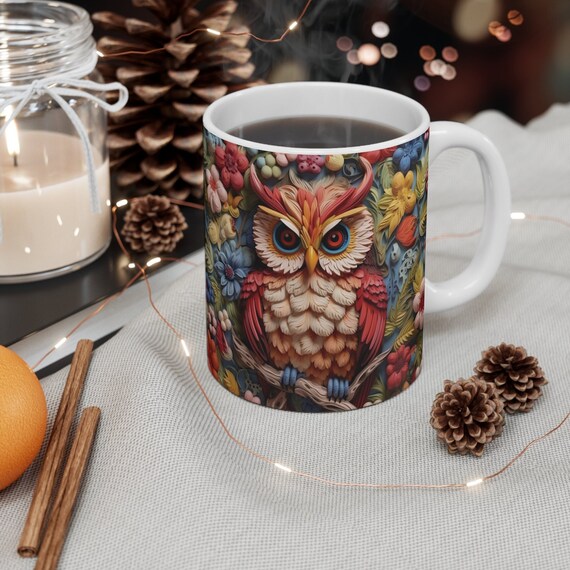 3D Image Owl and Flower Coffee Mug, Owl Flower Mug, Animal Mug, Owl Floral Mug, 3D Mug, 11oz Coffee Mug