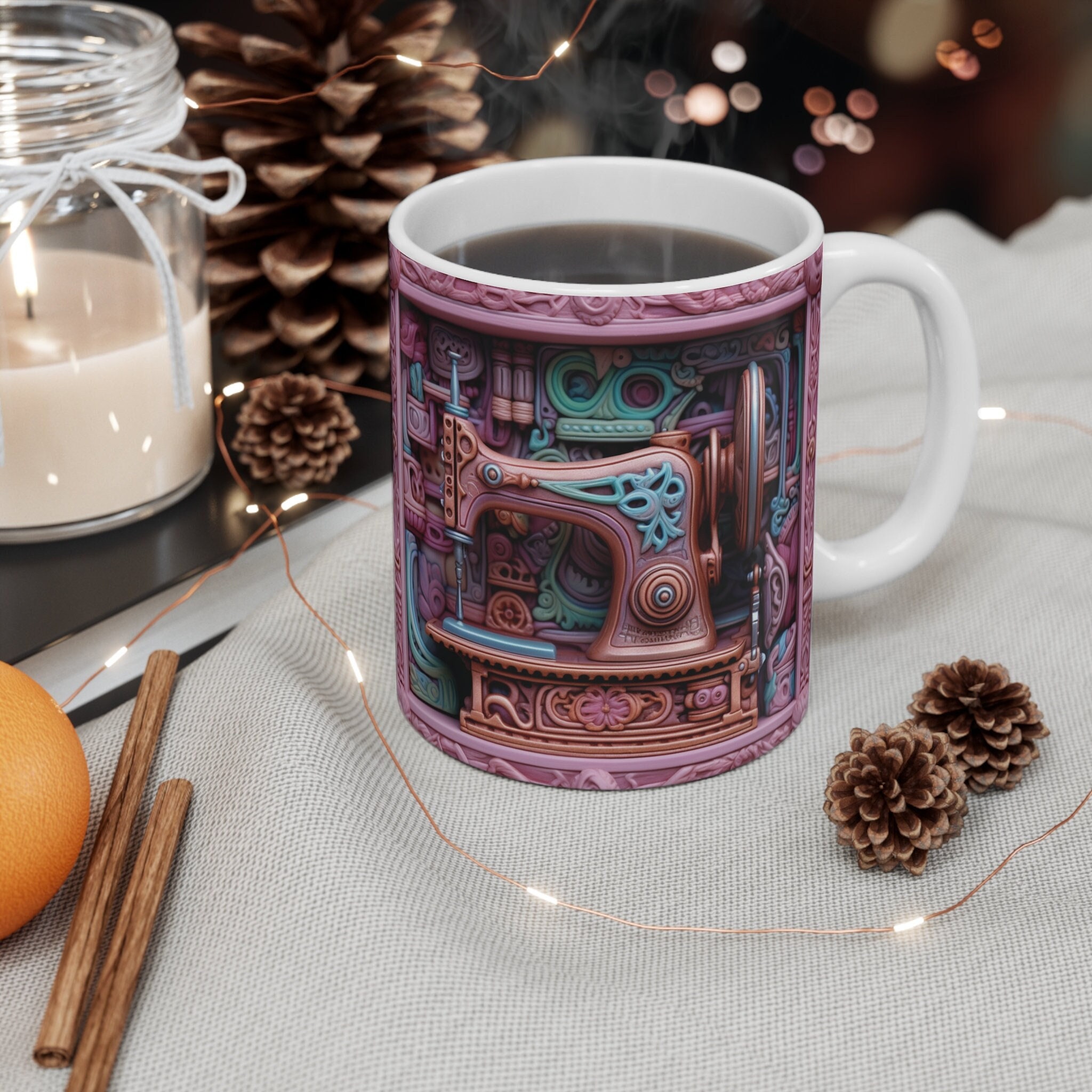 Ceramic Sewing Coffee Mug Quilting Gift Tea Mug with 3D Sewing Pattern  350ml Mug for Birthday