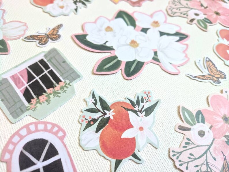 17 pcs cardstock epherma oranges florals butterflies