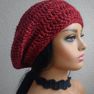 Crochet Adjustable Rasta Dreadlocks Slouchy Tam Beret,Wool/Nylon Blend ,Red/ maroon colour.Festival , Rastafarian. Mother&#39;s Day Gift