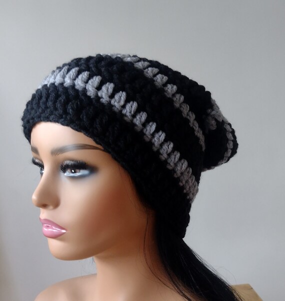 Readytoship Crochet SLOUCHY BEANIE Hat,black/grey Stripe