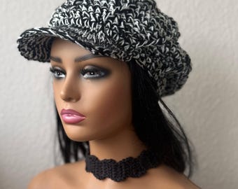 Crochet Newsboy Hat- Adjustable Black & White, Unisex