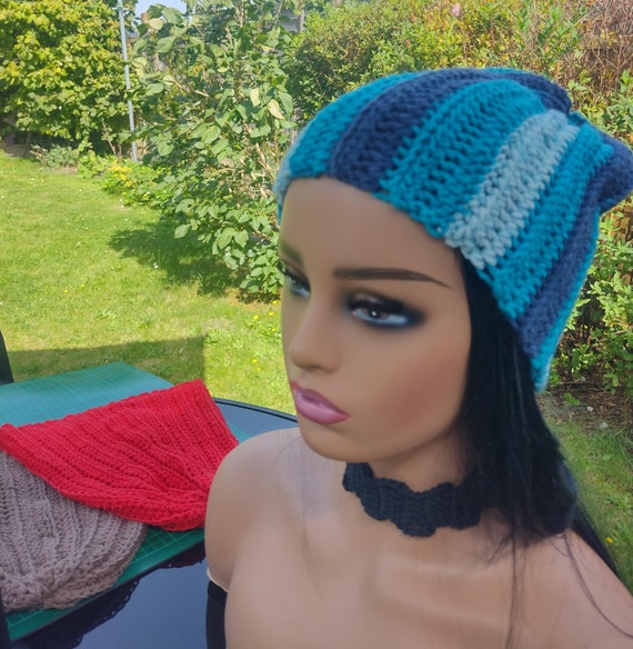 Crochet Multicolor Beanie: Blue & White Acrylic Hat - Etsy display picture 3