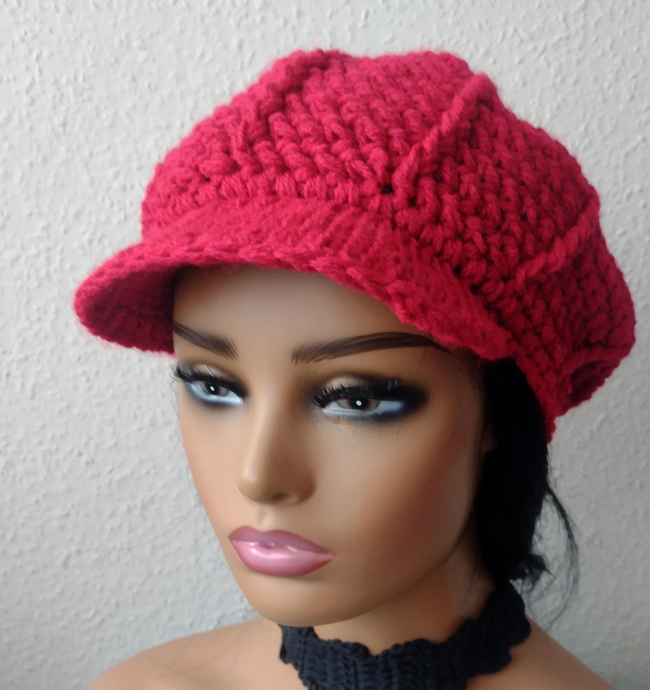 Red Crochet Newsboy Hat: Adjustable, Unisex Boho Brim 