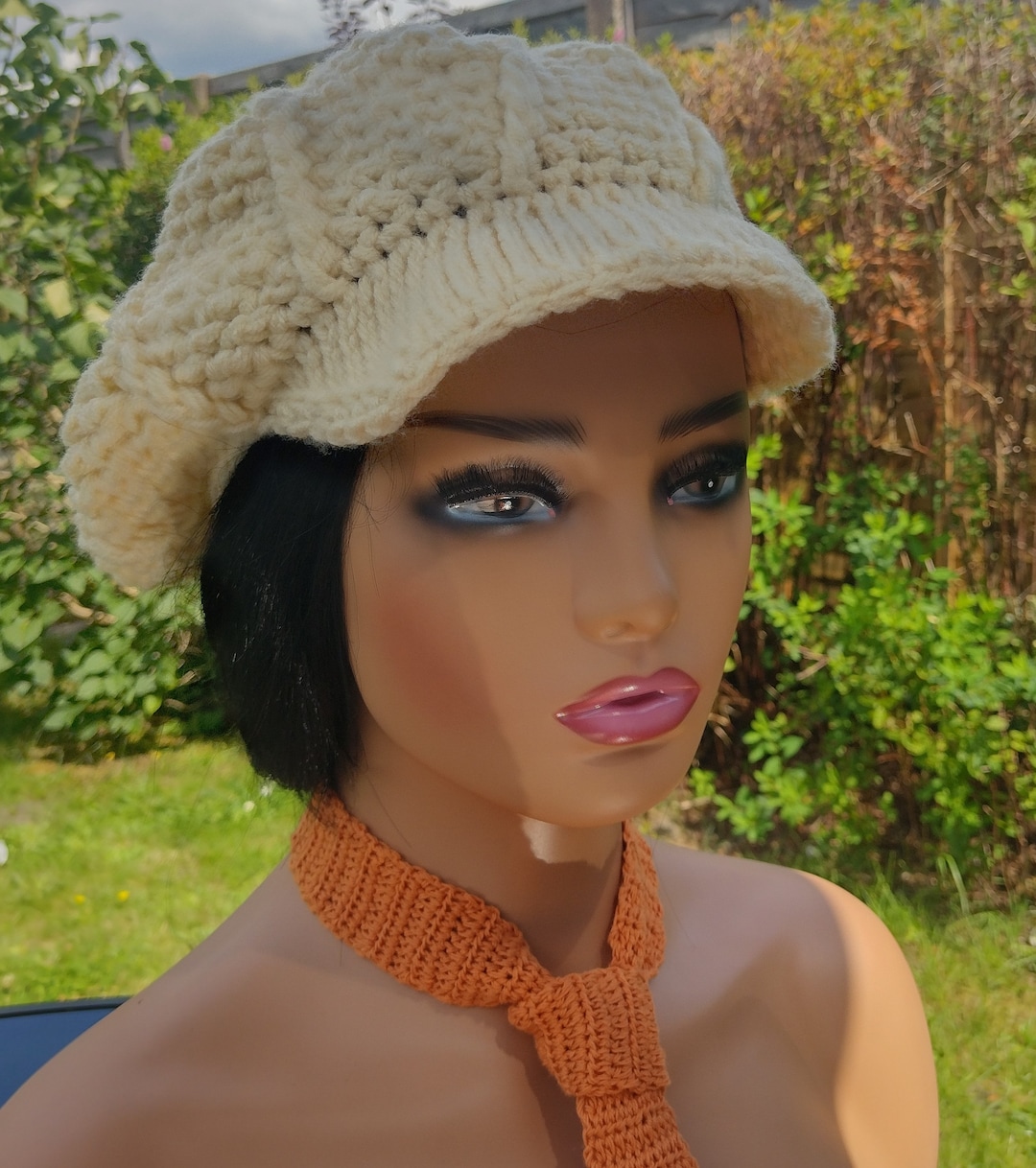 Crochet Newsboy Hat: Cream White ,slouchy ,brim, Unisex Boho  display picture 2