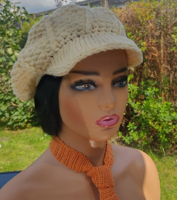 Women Crochet-style Stitching Short Brim 21 inch Newsboy Suede Beige Bohemian Boho Hat, Newsboy Cap, Crochet Hat, Womens Hat With Brim  main image 2