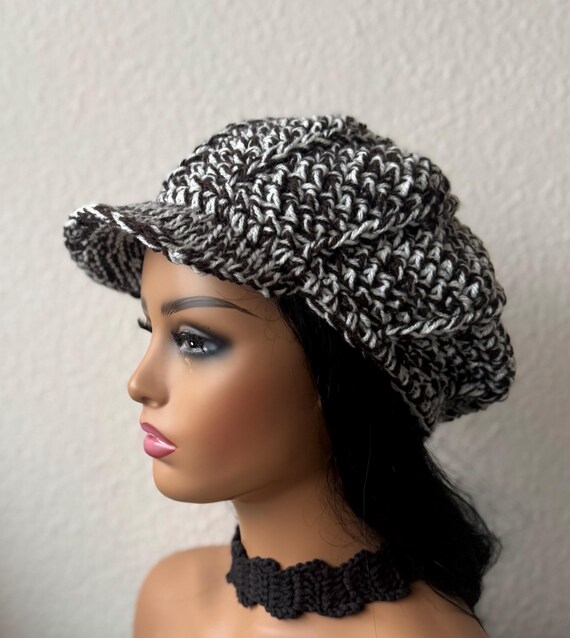 Crochet Newsboy Hat: Brown & Cream White Colorwork  display picture 3