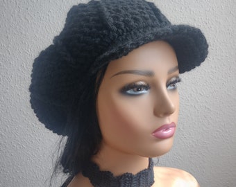 Crochet Dreadlocks Newsboy Hat: Black Boho Tam with Adjustable Brim