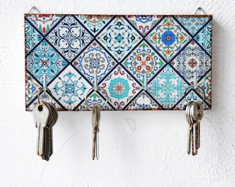 Кey holder for wall, Key holder, blue key rack, patchwork wall decor