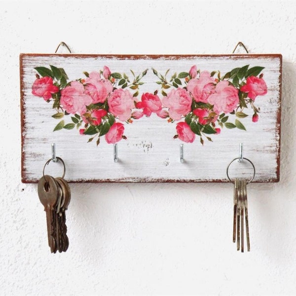 Wall white wooden key holder pink roses flowers entrance hall wall decor housewarming gift shabby wood cottage chic farmhouse decor