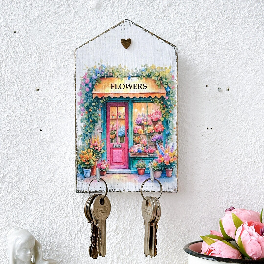 Fancy Key Rack Rustic Wooden Key Holder, Wall-mounted Floral Key Organizer With Hooks ...