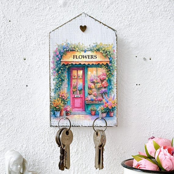 Rustic Wooden Key Holder, Wall-mounted Floral Key Organizer With