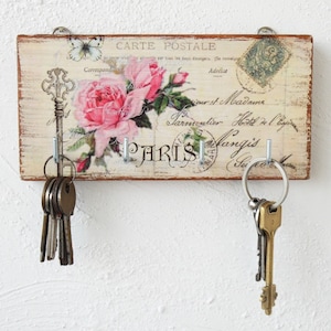 Key holder for wall pink roses / wall decor carte postale / Paris wall decor / wood key holder Retro