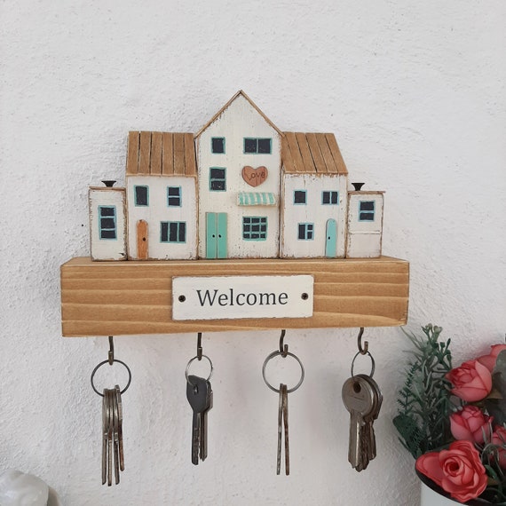 Handcrafted Wooden Key Holder With Coastal Cottage Design Wall mounted Key Rack Beach House Welcome Decor Etsy