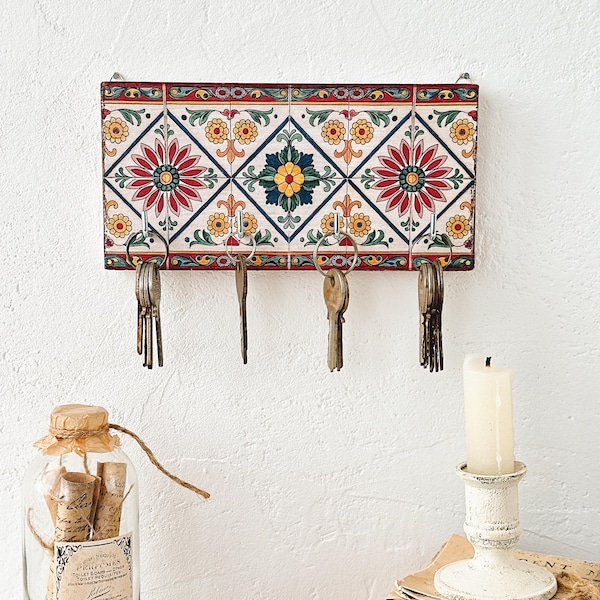 Portachiavi da parete – Decorazione murale rustica mediterranea colorata – Piccolo organizer in legno con ganci – Decoupage Art