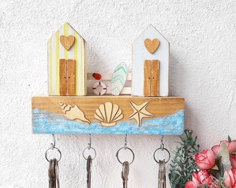 Wooden Beach Hut Key Holder with Seashells, Nautical Wall Decor