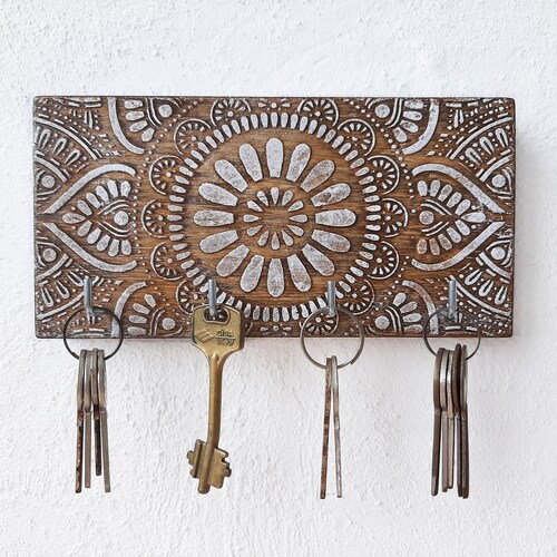 Porte-clés mandala - Décoration murale bohème, porte-clés en bois rustique, organisateur d'entrée, cadeau pour la maison