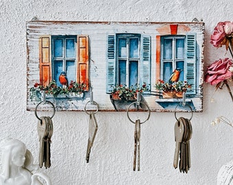Handmade Wooden Key Holder – French Country Window Scene Organizer