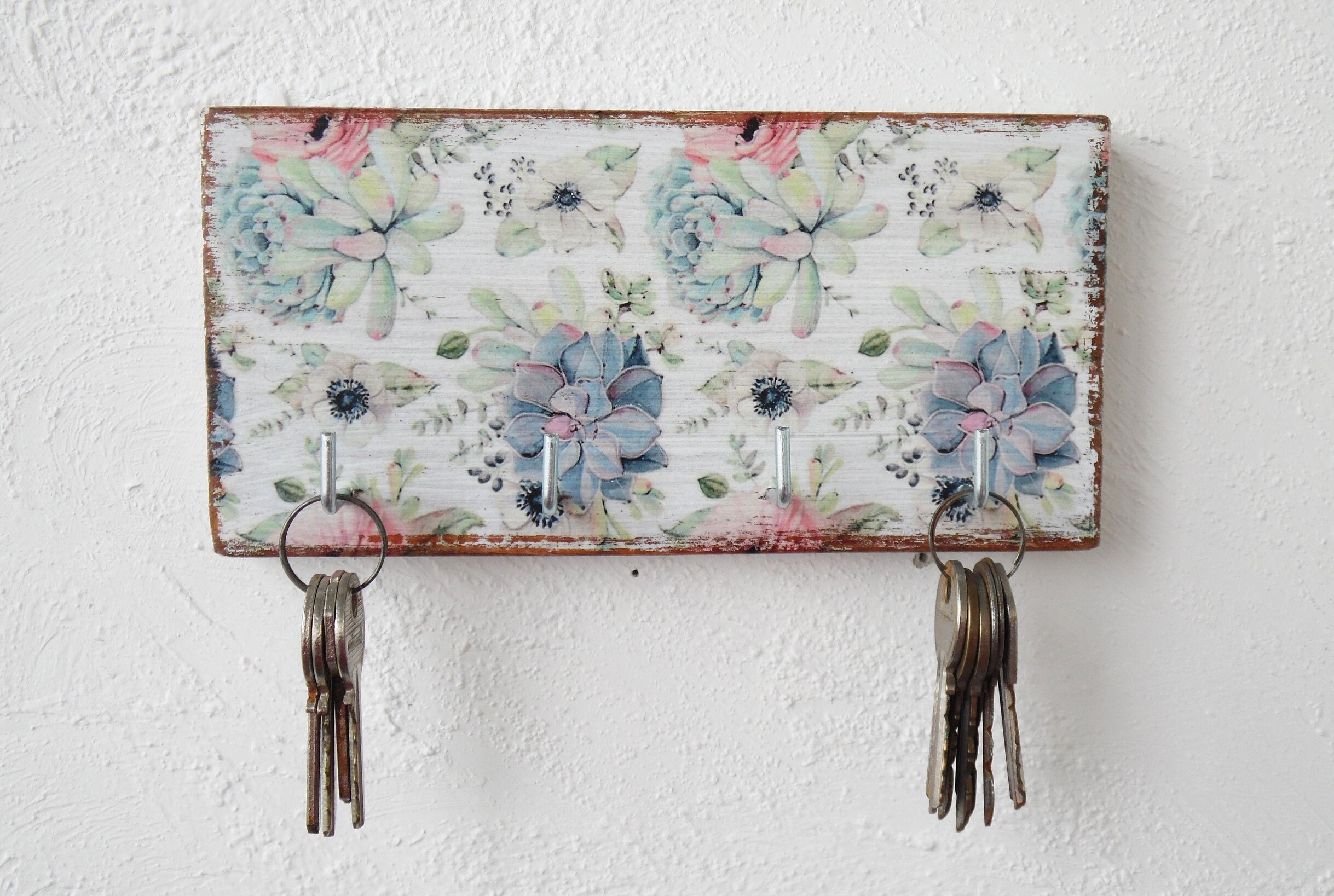 Key holder Boho wall art key holder wood mounted white wall Etsy