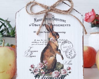 French Easter Bunny Mini Sign: Rustic Farmhouse Shelf Decor