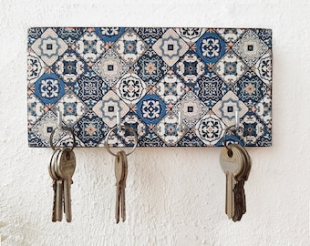 Portachiavi patchwork blu con 4 ganci, portachiavi rustico da muro