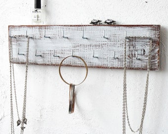 Wooden distressed white holder jewelry organizer wall necklace organizer rustic jewelry holder wall necklace hooks wall mount organizer wood