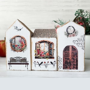 Set of 3 wood Houses, cottage miniature, rustic small Houses, wood block House, flower small houses, Farmhouse Decor, Tiered Tray Decor