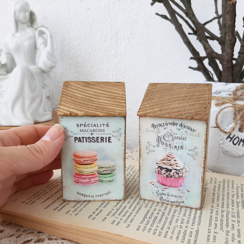Wooden House Set With French Patisserie Design, Rustic Cupcake and