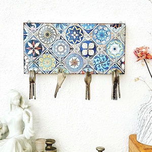小さなキーホルダー、壁用の青いキーホルダー、小さなパッチワークキーラック