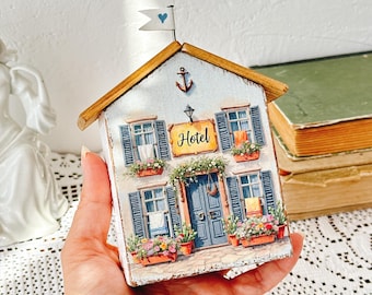 Casa in legno in miniatura: statuetta costiera fatta a mano, decorazione artistica bifacciale