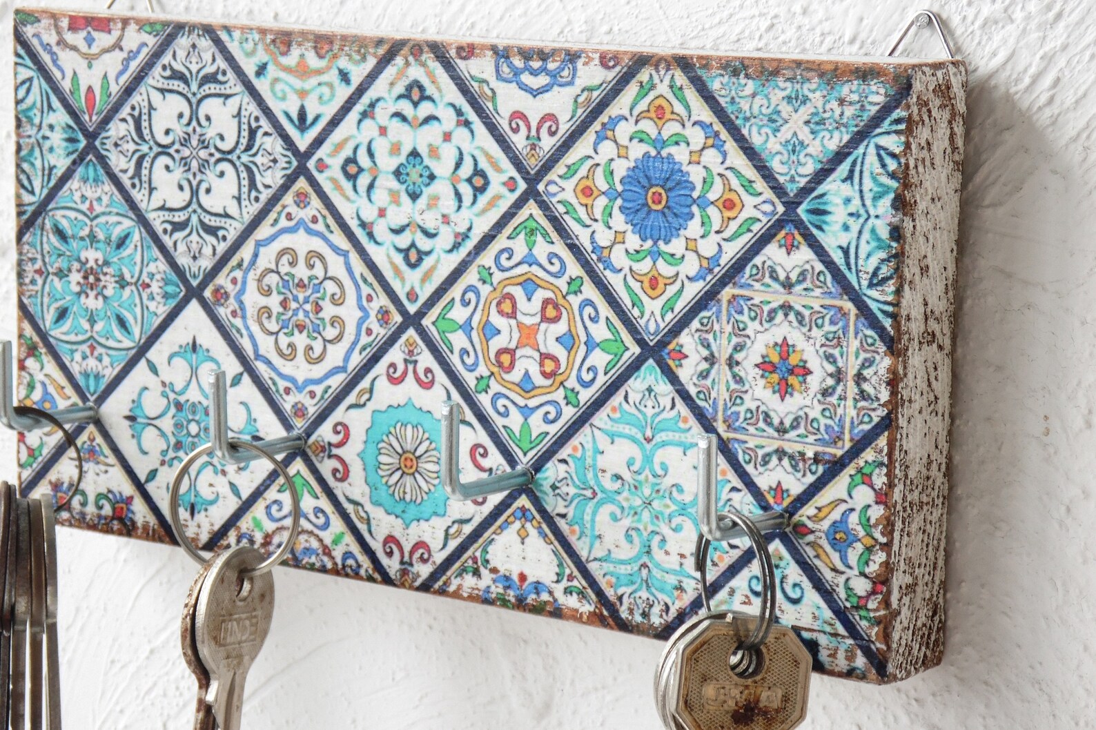 Key Holder Blue Key Rack Patchwork Wall Decor Key Holder Etsy