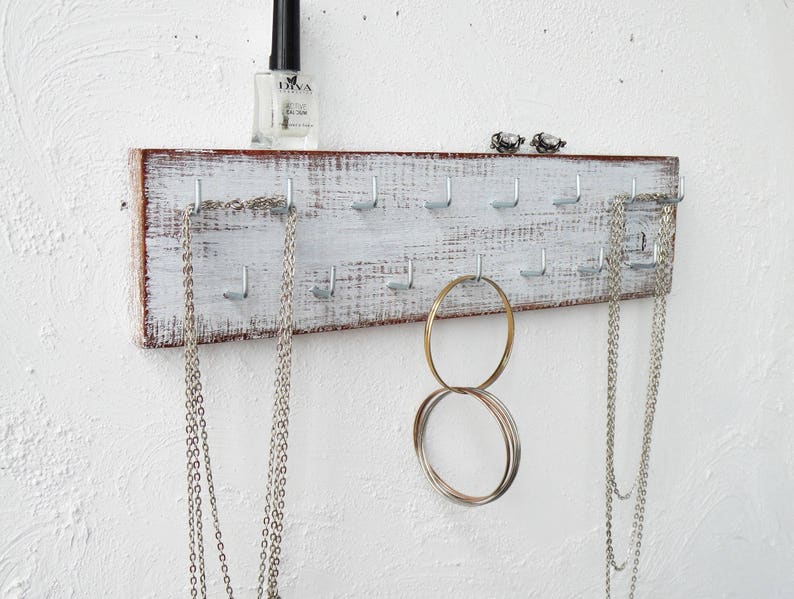 Wooden Distressed White Holder Jewelry Organizer Wall Necklace Etsy