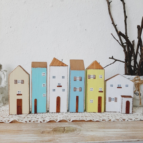 Set 6 Small Wood House, Mini wooden village gift, driftwood houses, Miniature House, driftwood art cottage, house ornament, new home gift